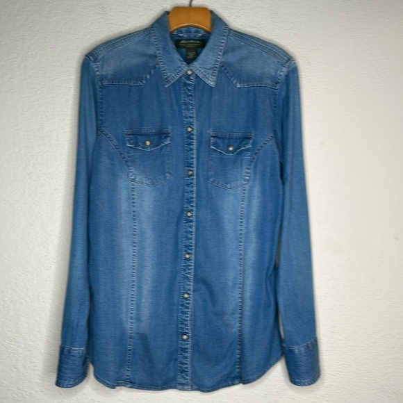 VTG Eddie Bauer Men’s Pearl Snap Button Denim Western Shirt Sz LRG Rodeo Cowboy - Picture 2 of 7